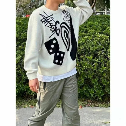 Hip-hop punk fashion casual letter knitted men pullover 2025 street personality versatile top hoodie couple trendy loose sweater