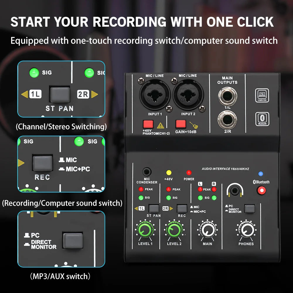 Professional TEYUN Q12M 2Channels Audio Mixer sound console mini USB Audio Interface card MIXER for PC Guitar Recording Studio