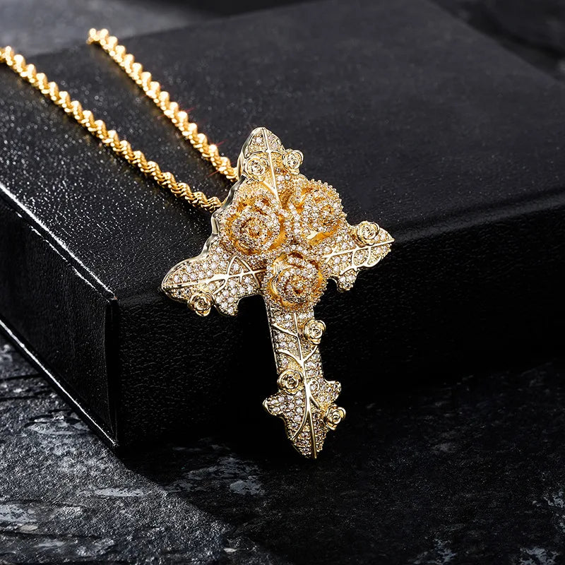 Hip Hop Micro Paved AAA Cubic Zirconia Bling Iced Out Flowers Cross Pendants Necklaces for Men Rapper Jewelry Drop Shipping