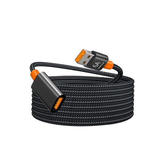 Black braided usb extension cable with orange accents 6a power rating for ssd usb extension and cable extender cord use