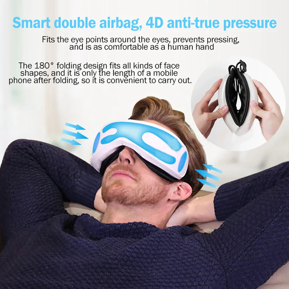 Blue and white 6d smart bluetooth music eye massager with 180-degree folding design and massager vibration airbag compress eye care