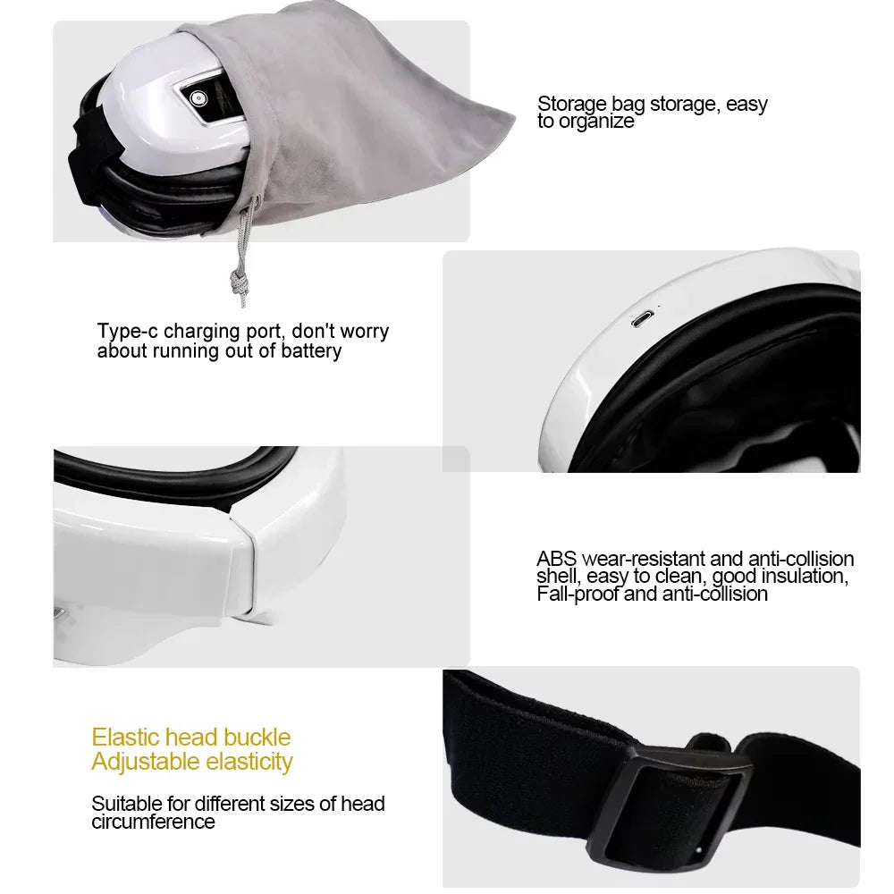 White and black wireless music eye massager with sleek abs shell featuring massager vibration airbag and compress eye care