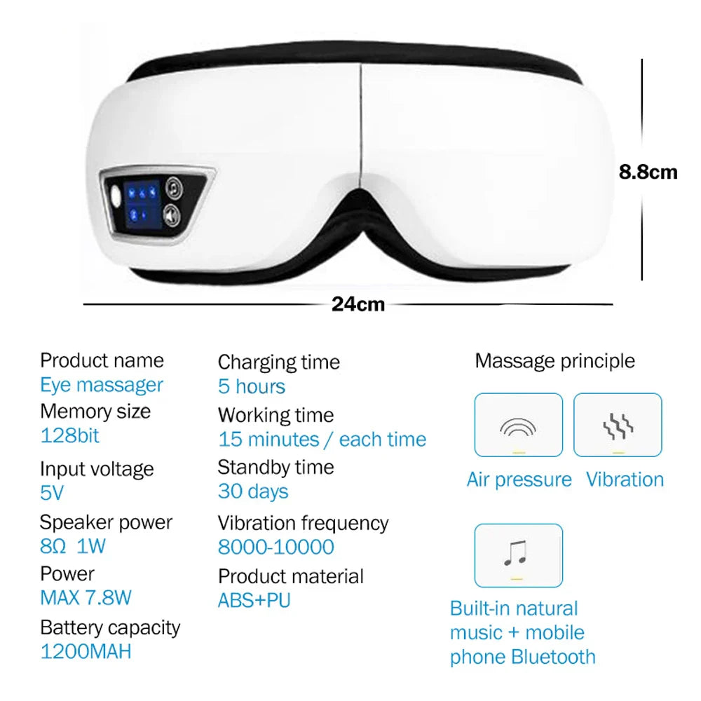White and black music eye massager with abs and pu material featuring massager vibration airbag and compress eye care functions