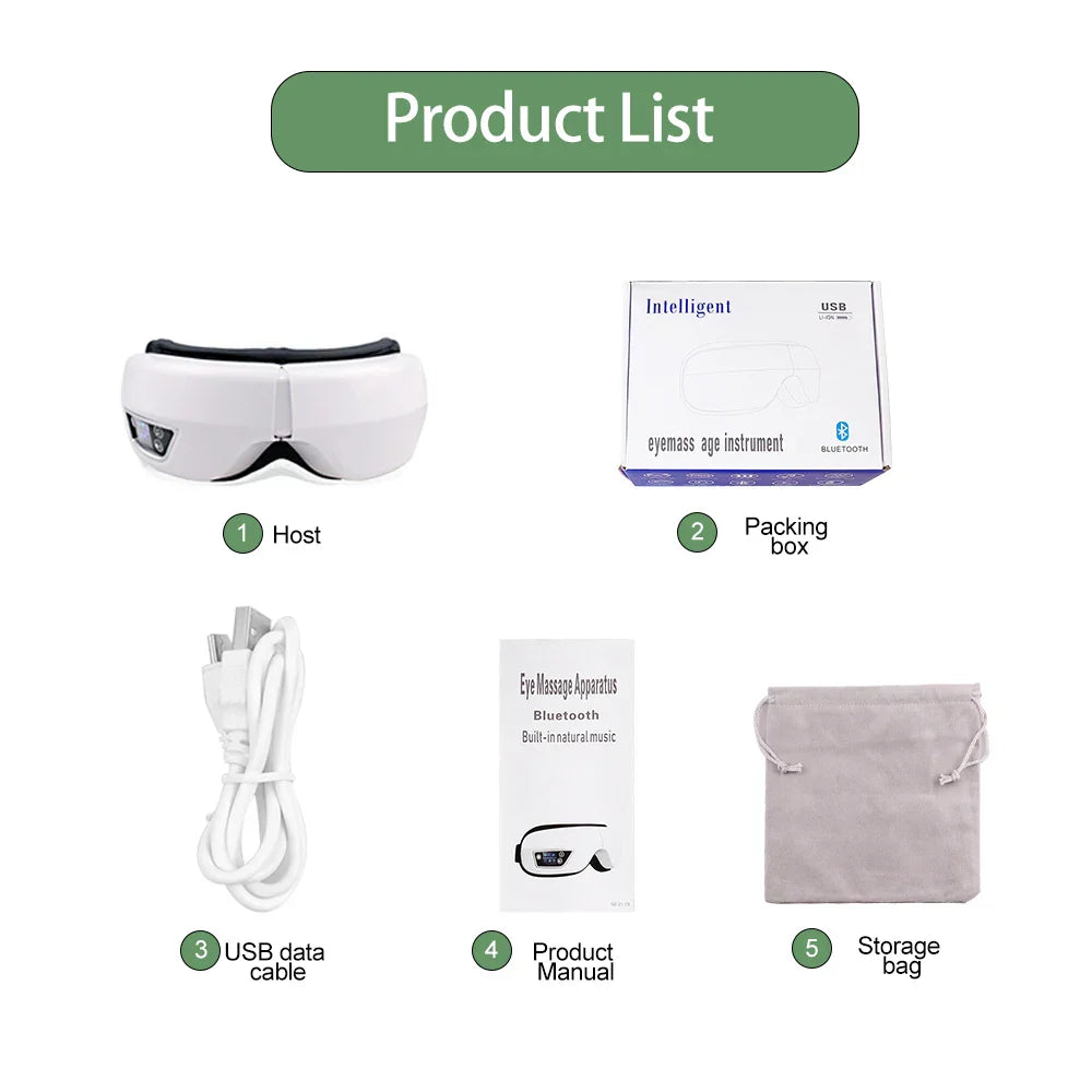 White plastic music eye massager with black padded straps and control panel featuring massager vibration airbag compress eye care