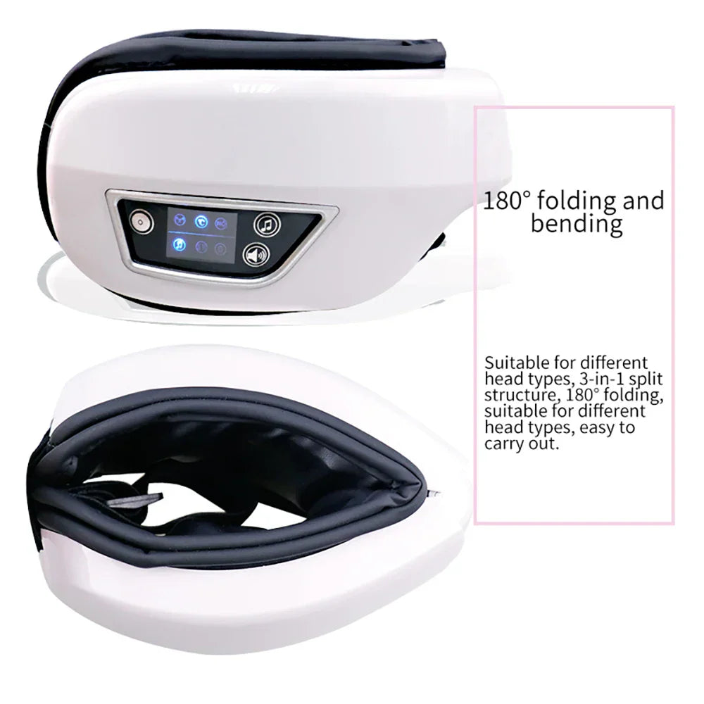 White and black 180° folding vibration eye massager with digital control panel and care instrument bluetooth features