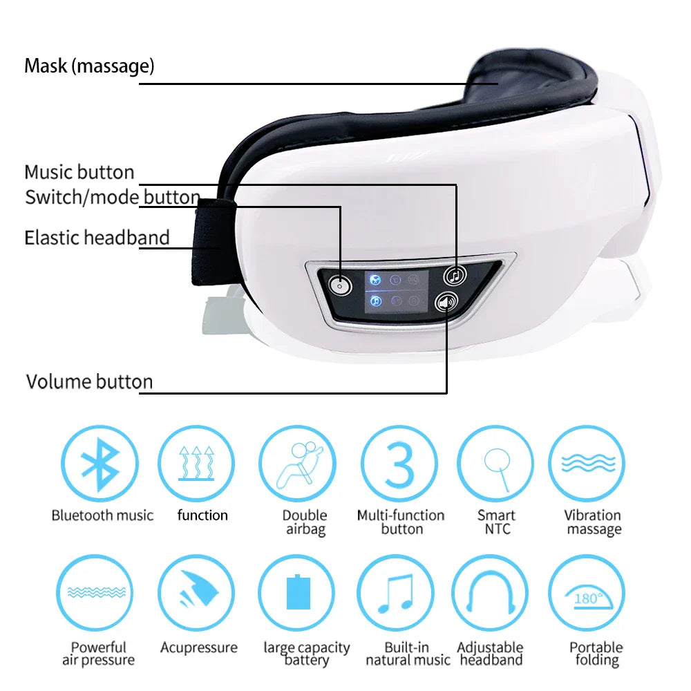 White and black vibration eye massager with digital control panel and elastic headband for adjustable fit care instrument bluetooth