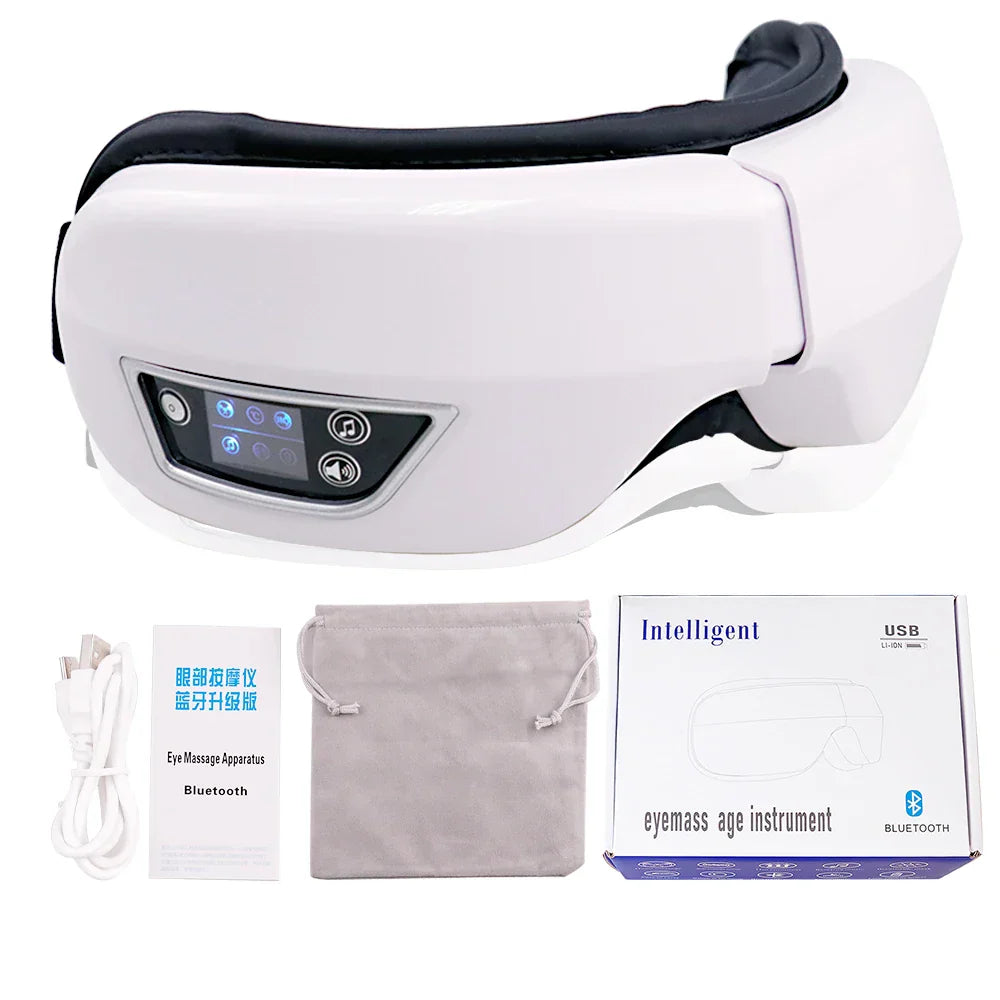 White vibration eye massager with black padded headband and illuminated control panel care instrument bluetooth feature