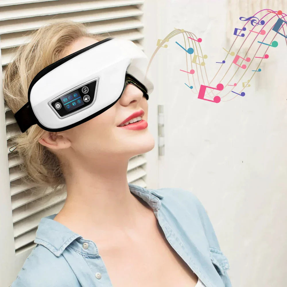 White and black vibration eye massager airbag with digital display panel and care instrument bluetooth for eye relaxation