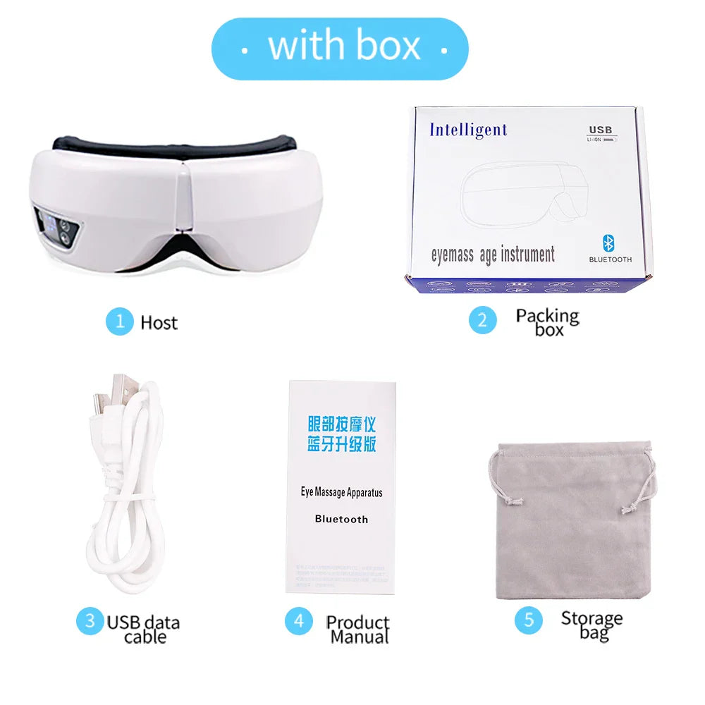 White vibration eye massager with black padded straps and curved design for care instrument bluetooth eye massage