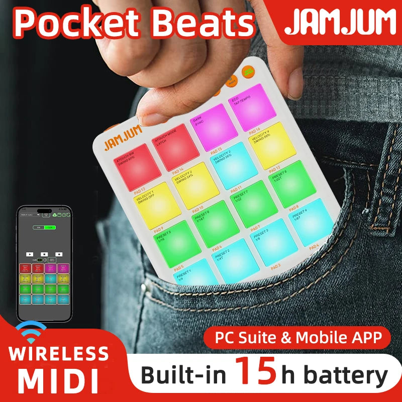 JAMJUM JP-MINI Pocket Beats Midi Controller Pad with Customized Buttons 16 RGB Backlit Pad Battery Indicator For Music creation