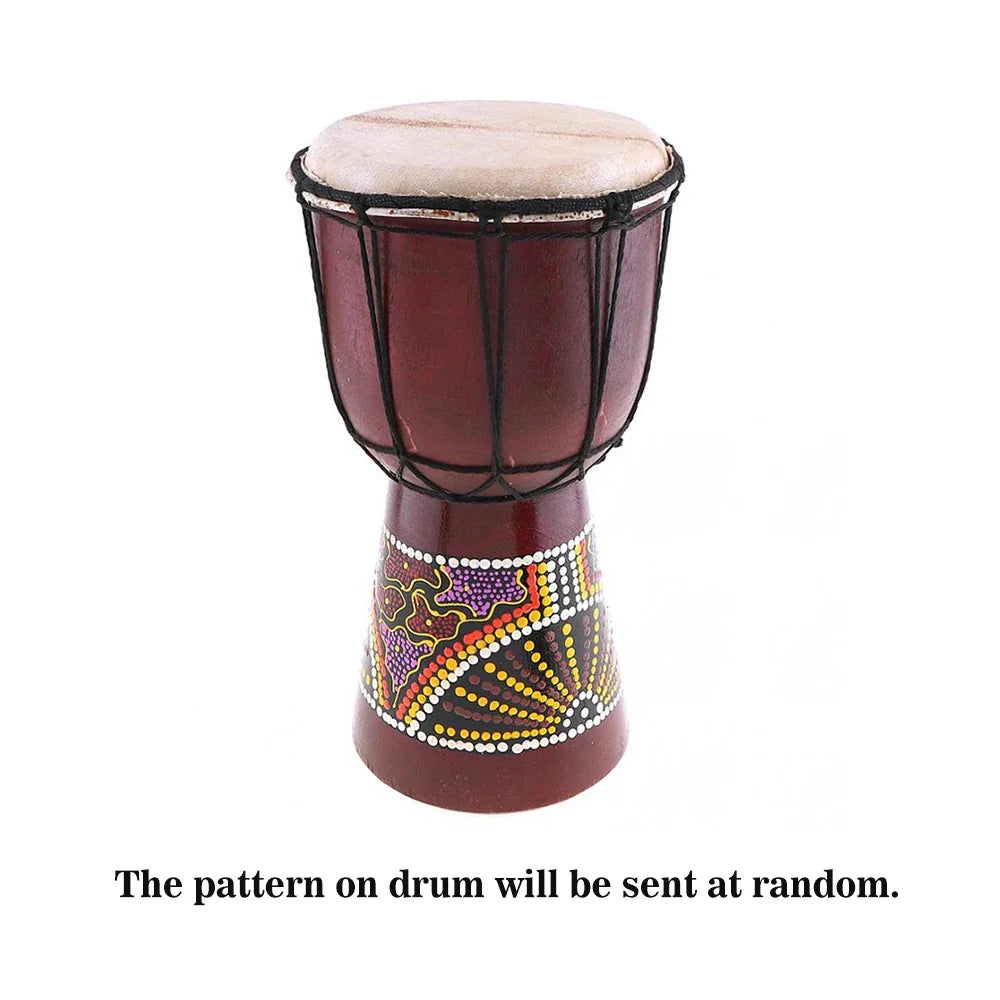 A maroon 6in african drum hand-carved from solid wood with goat skin head and vibrant aboriginal dot art, promotional offer available