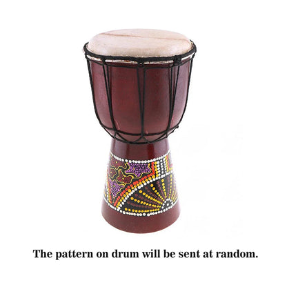 A maroon 6in african drum hand-carved from solid wood with goat skin head and vibrant aboriginal dot art, promotional offer available