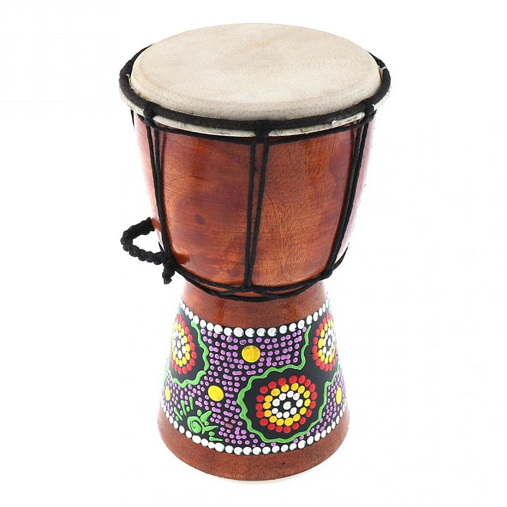 6in african djembe drum hand-carved solid-wood with natural finish and vibrant aboriginal-style dot and floral patterns