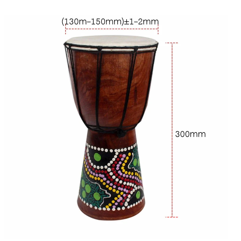 Hand-painted 6in african djembe drum with goat skin head and vibrant colorful dot patterns in natural brown wood finish promotional offer
