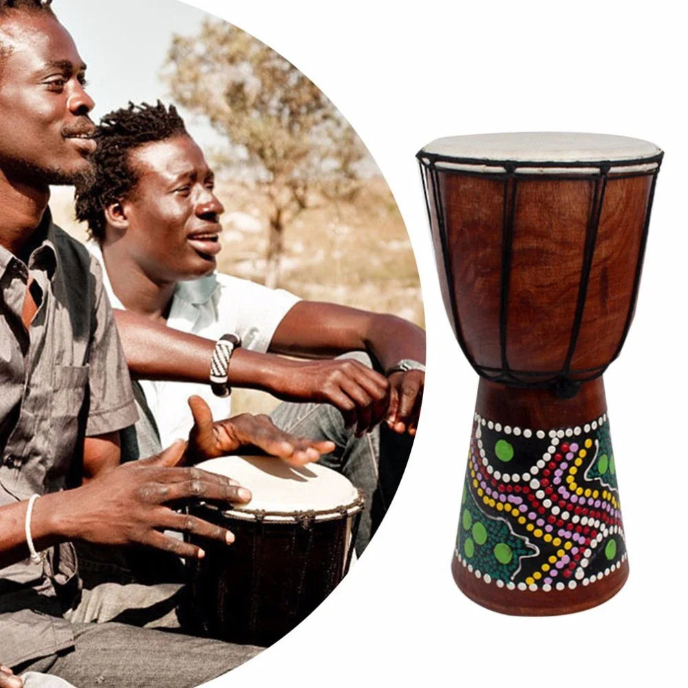 Hand-painted 6in african drum with vibrant dot pattern and white goat skin head for traditional musical use and promotional offer