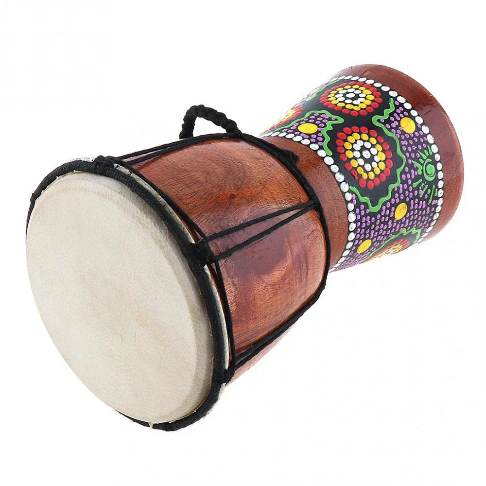Hand-painted 6in african drum djembe with goat skin head and colorful floral pattern featuring black rope tensioning