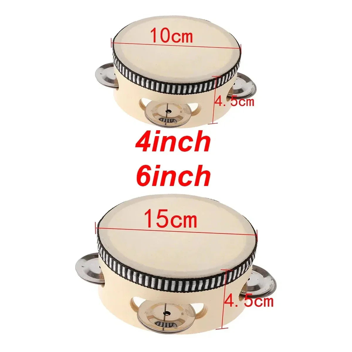 Beige 6-inch tambourine drum metal with black and white striped rim and silver jingles for ktv party games