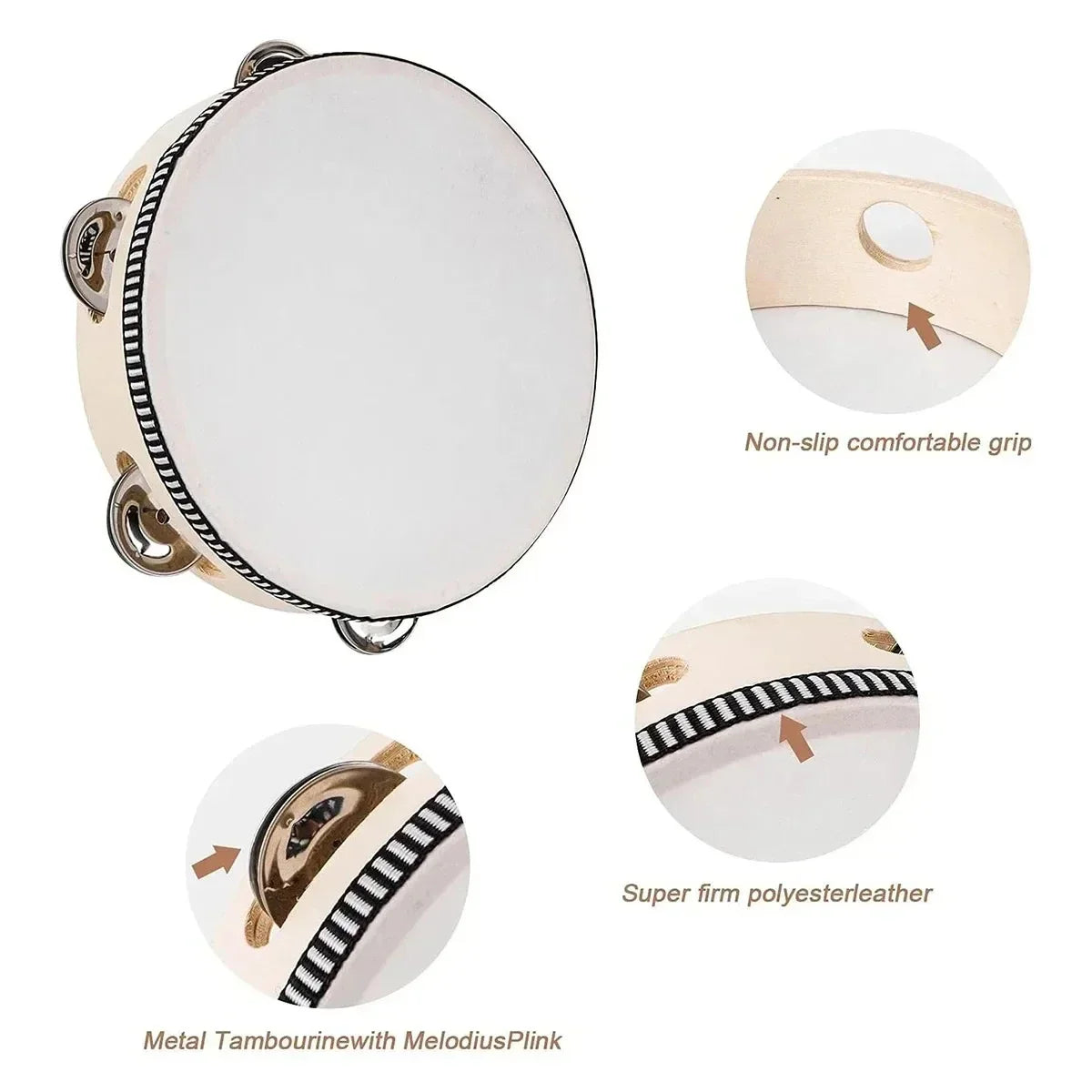 Cream-colored 6inch tambourine drum metal with metal jingles percussion and black-and-white striped border for ktv party games
