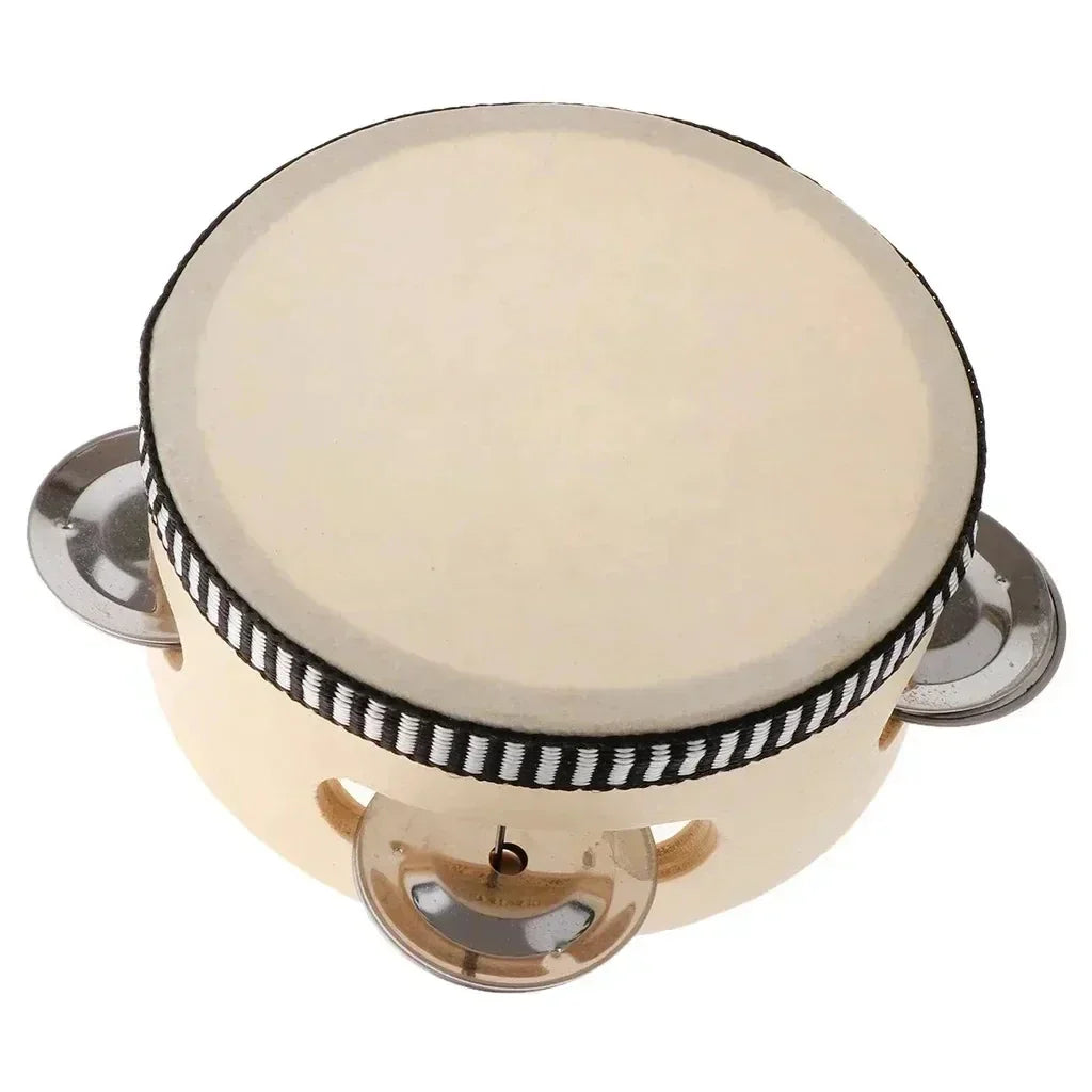 Cream-colored 6inch handheld tambourine drum with metal jingles percussion and black and white striped trim for ktv party games