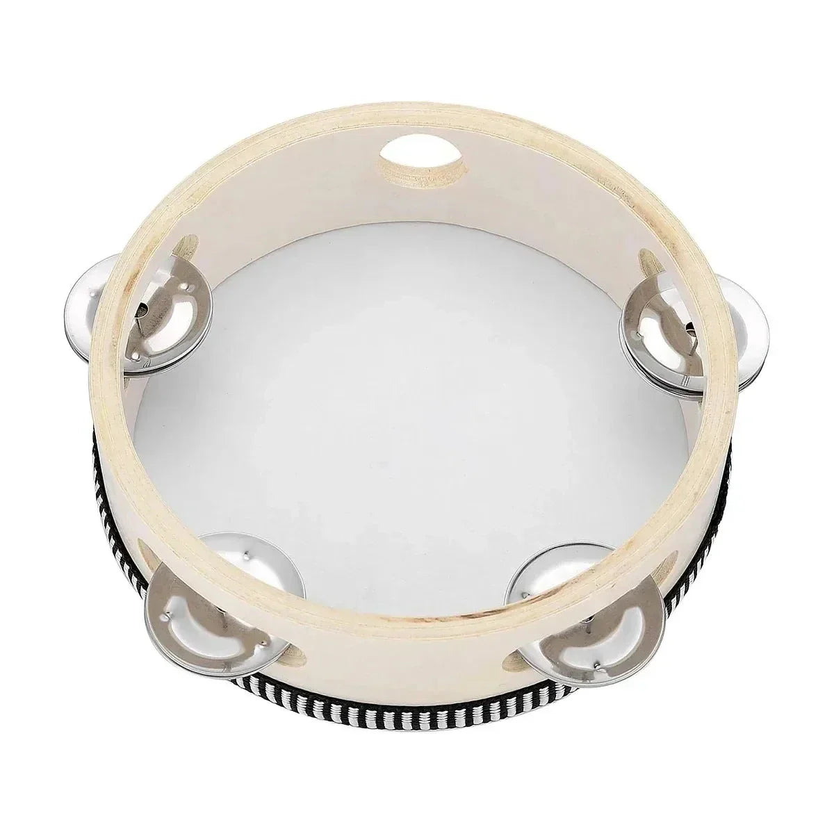 A light-colored wooden tambourine drum metal with silver metal jingles percussion and a black-and-white striped edge for ktv party games