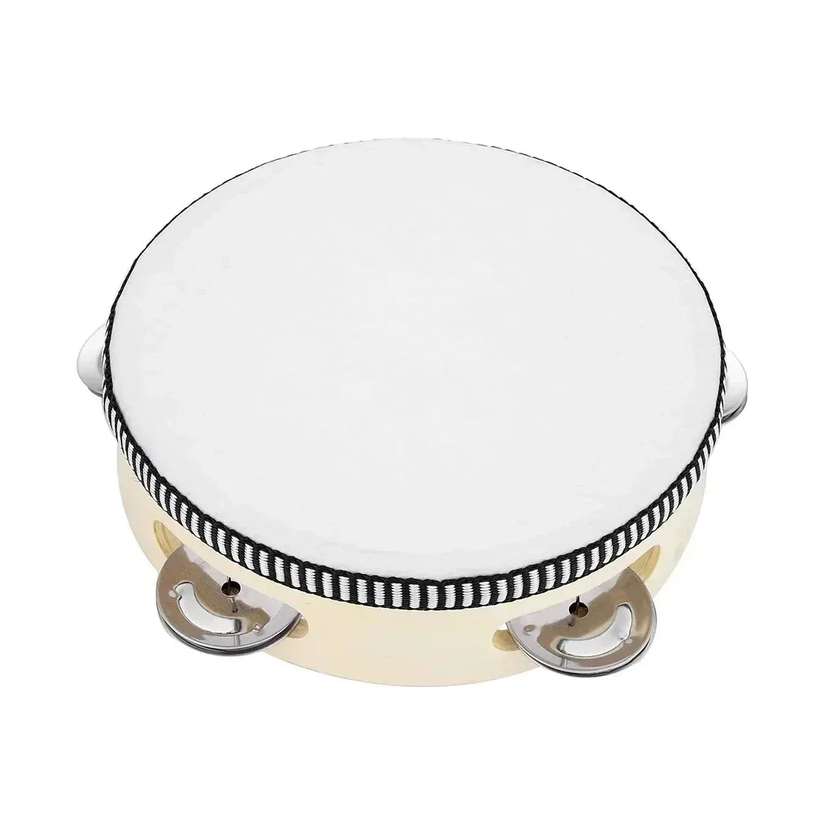 White 6inch hand held tambourine drum metal with black striped trim and silver metal jingles percussion for ktv party games