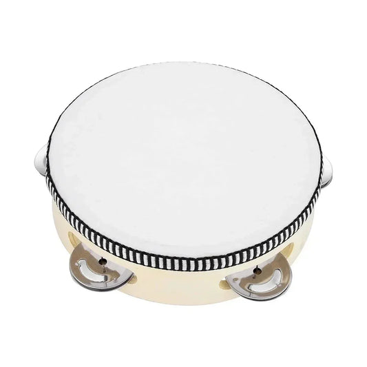 White 6inch hand held tambourine drum metal with black striped trim and silver metal jingles percussion for ktv party games