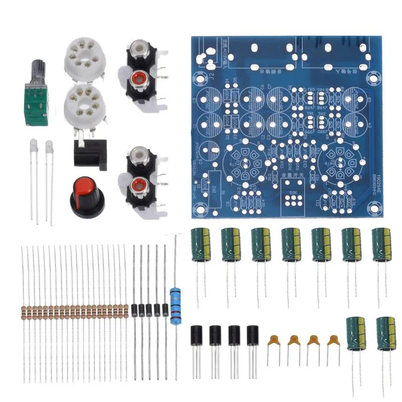 Blue printed circuit board with electronic components for 6j2 tube amplifiers and 6j1 valve preamp buffer diy kits