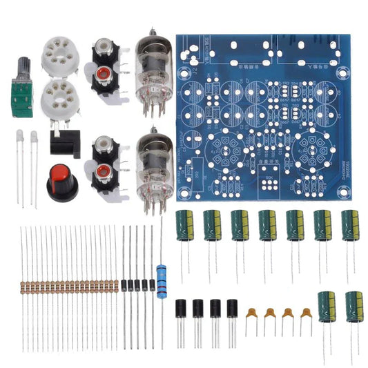 Blue printed circuit board with glass vacuum tubes resistors and capacitors for 6j2 tube amplifiers and 6j1 valve preamp buffer diy kits