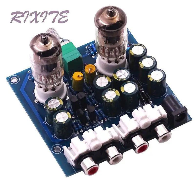Blue circuit board with glass vacuum tubes and electronic components for 6j1 valve preamp and buffer diy kits