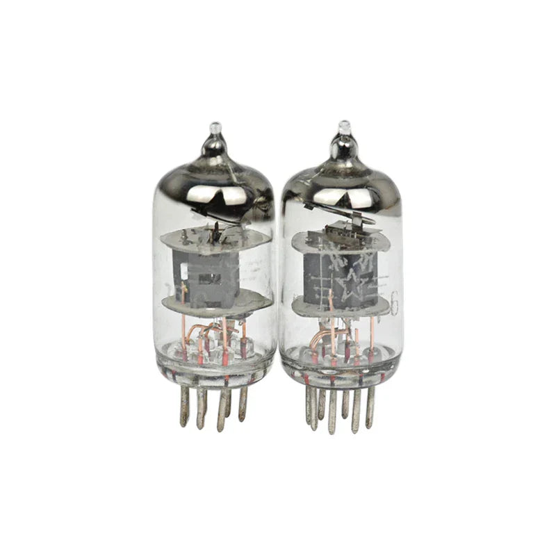 Two clear glass 6j1 valve preamp tubes with metallic bases and visible internal components for buffer diy kits and 6j2 tube amplifiers