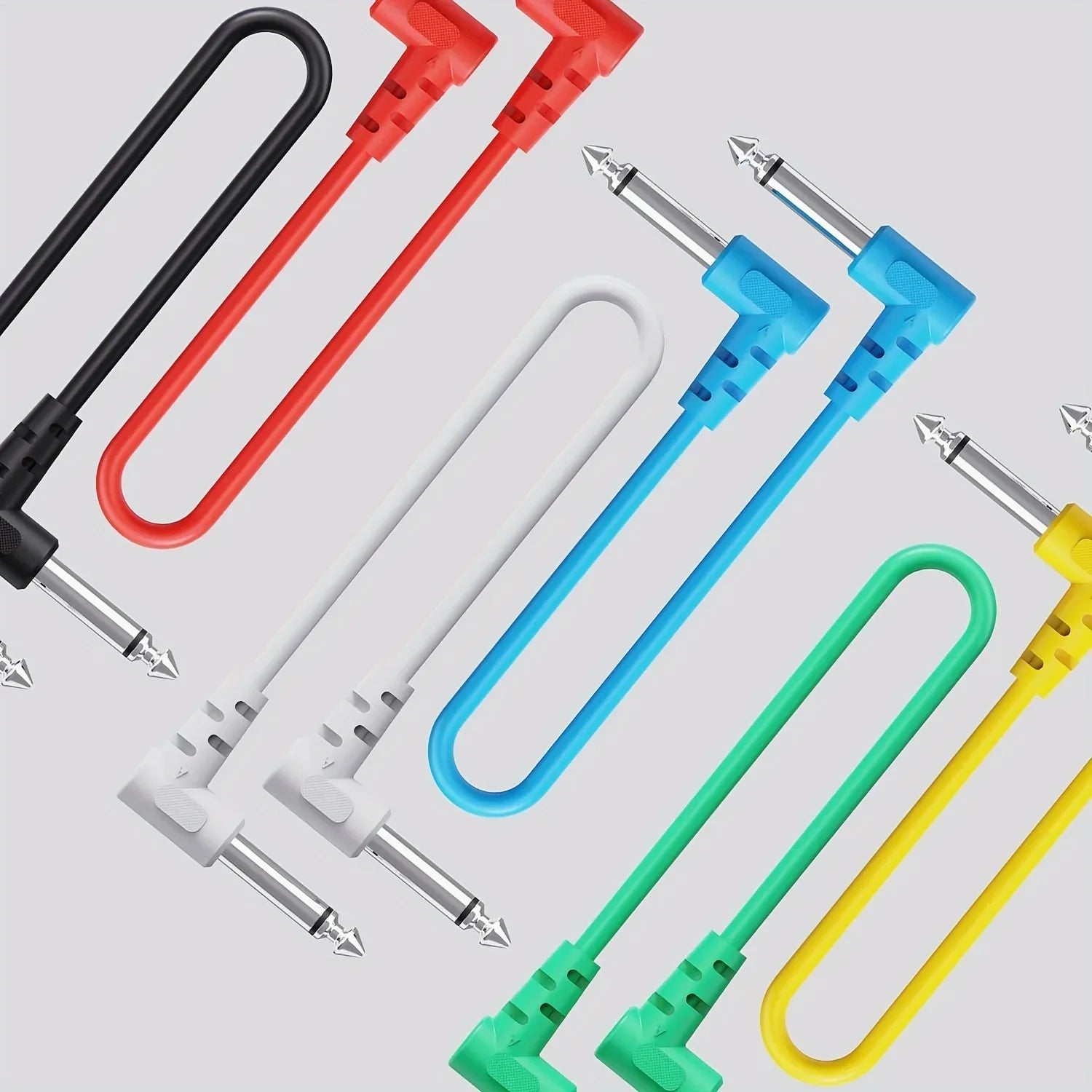 Six colorful 6pcs audio cable with black, red, white, blue, green, and yellow right angle metallic plugs for electric guitar bass angle instrument parts