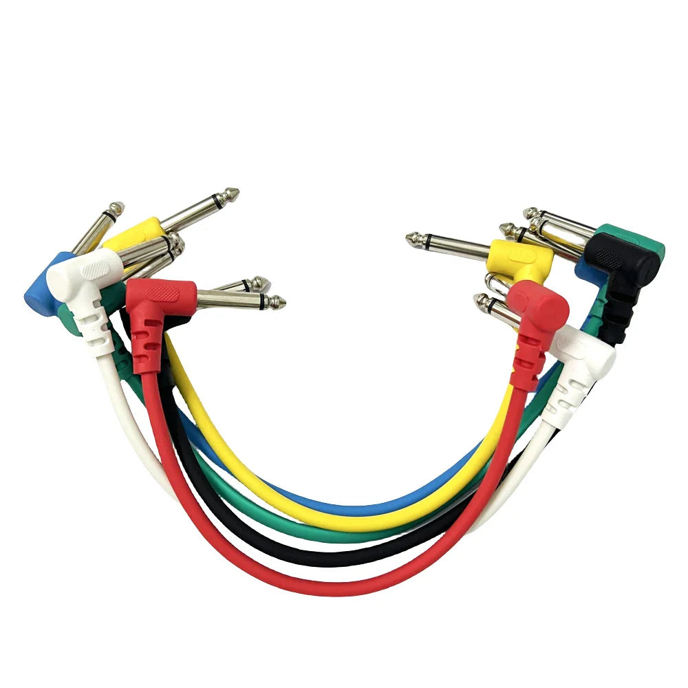 A set of 6 colorful flexible patch cables with angled 6.35mm ts jacks for electric guitar and bass instruments
