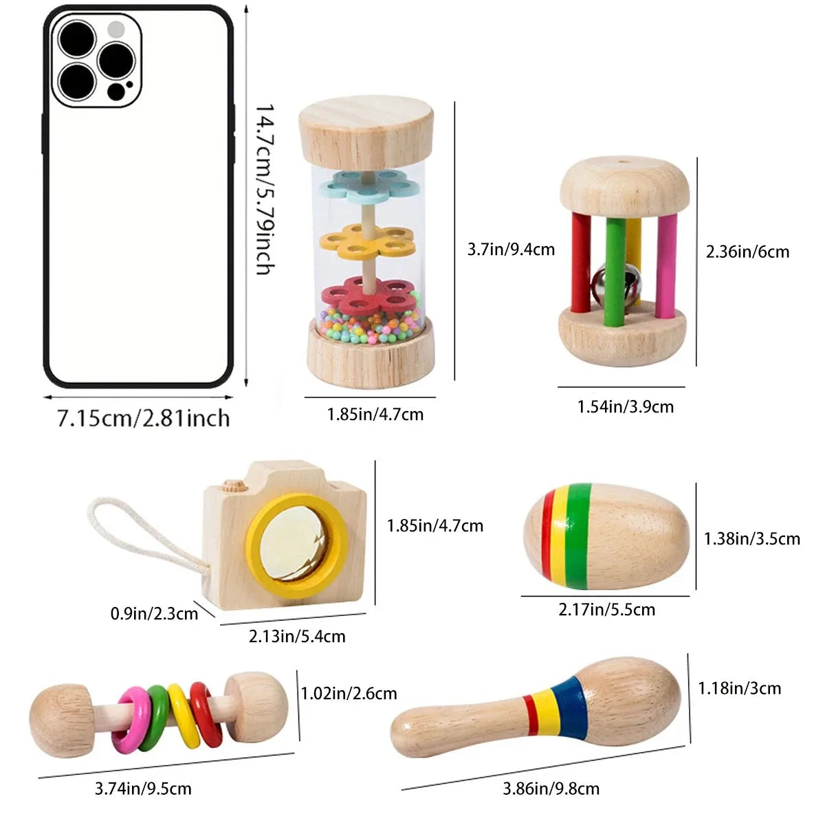 Wooden educational baby rattle with colorful plastic rings and clear glass center filled with multicolored beads for sensory play