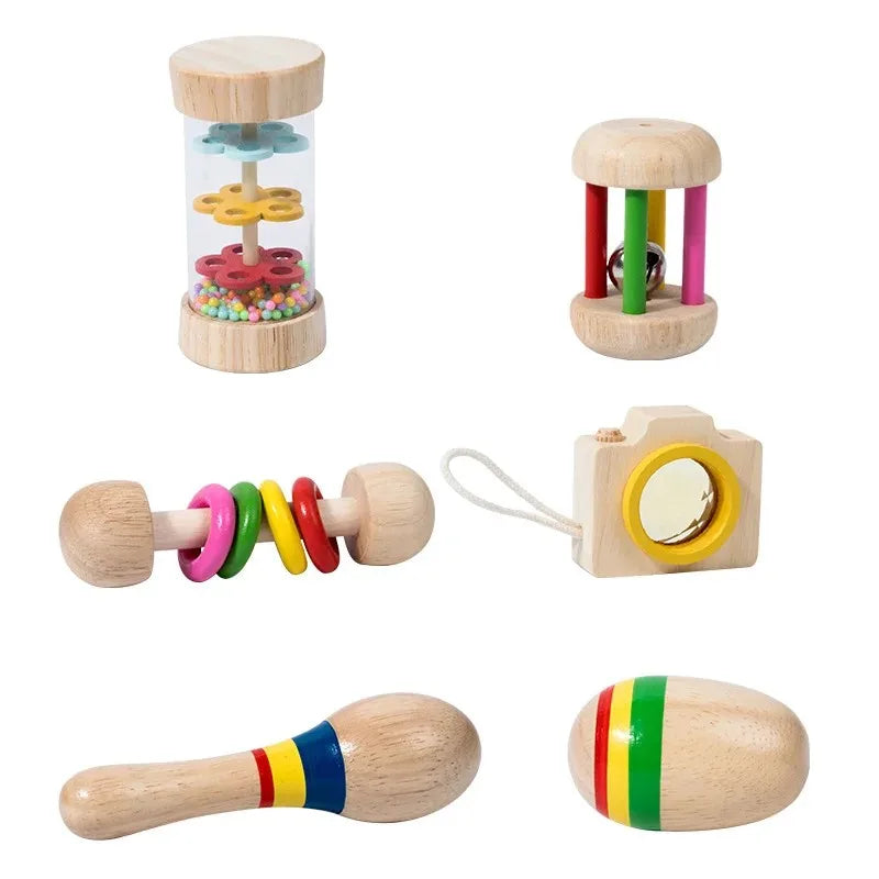 Wooden educational baby rattle set with colorful rings beads and musical instrument xylophone for sensory play
