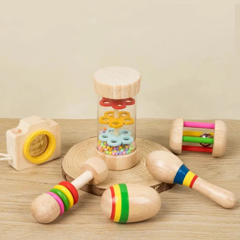 Wooden educational baby rattle toy camera with yellow lens and white body for baby sensory and musical instrument xylophone set