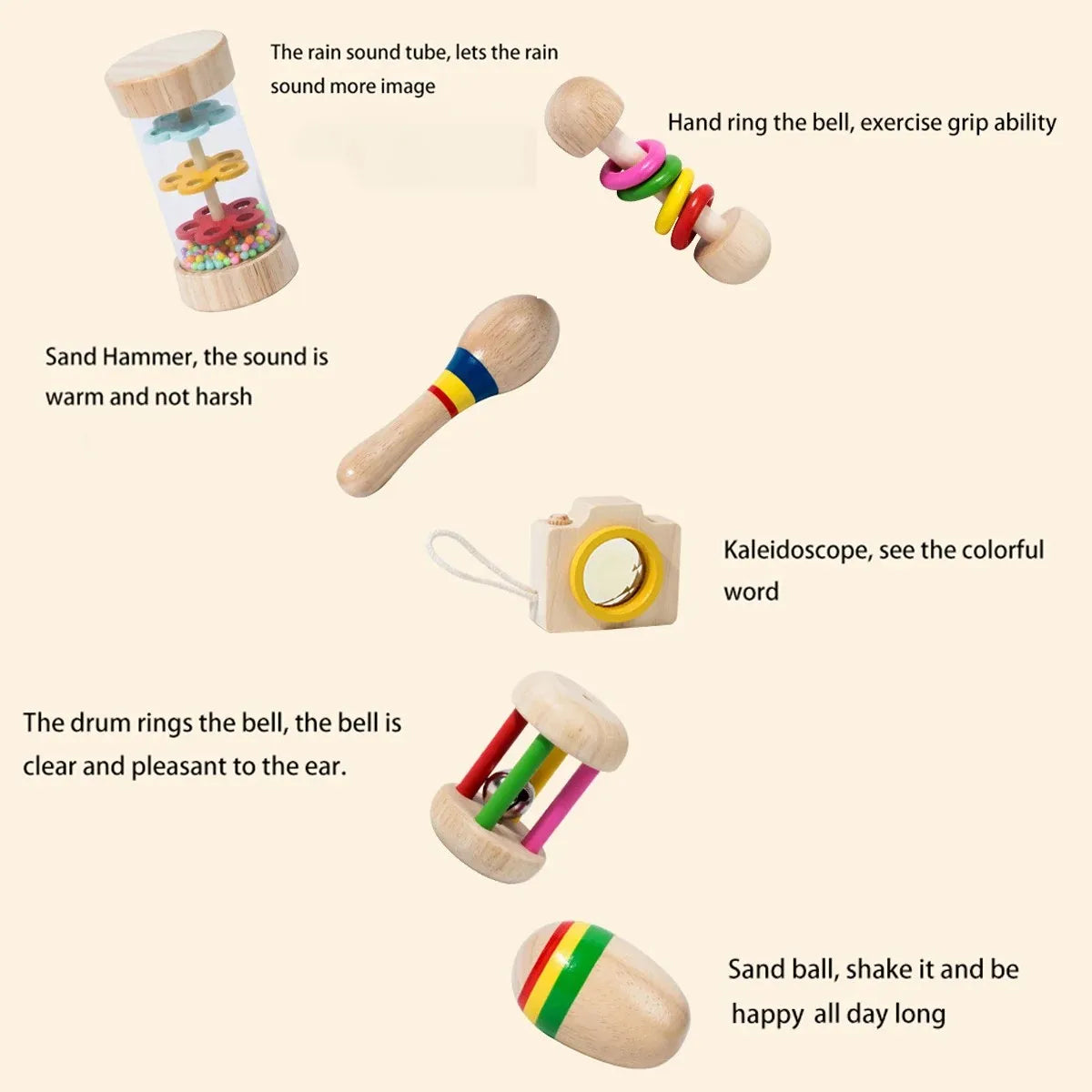 Wooden sand hammer with colorful rainbow stripes and warm sound included in educational baby rattle and sensory toys set