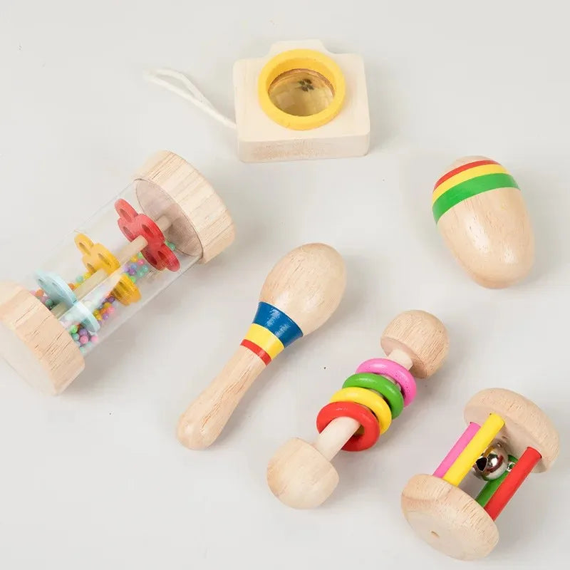Wooden educational baby rattle with colorful rings and a small bell inside for baby sensory toys and musical instrument xylophone set