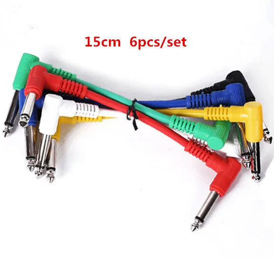 Six low noise shielded 15cm angled guitar effect pedal cables in red green blue yellow white and black with metallic connectors