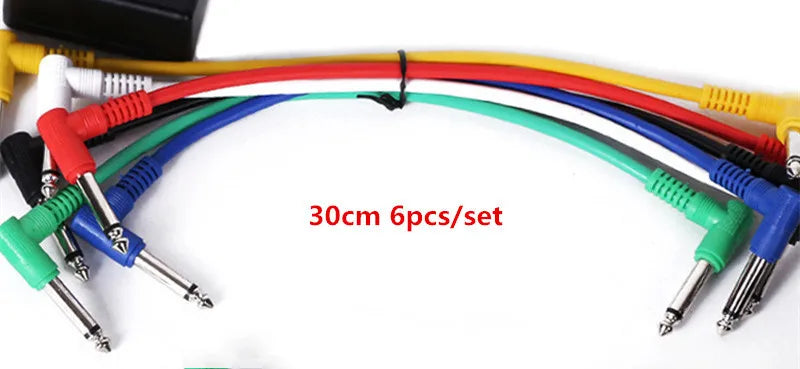 A set of six colorful 30cm angled low noise shielded electric guitar effect pedal patch cables with metallic connectors