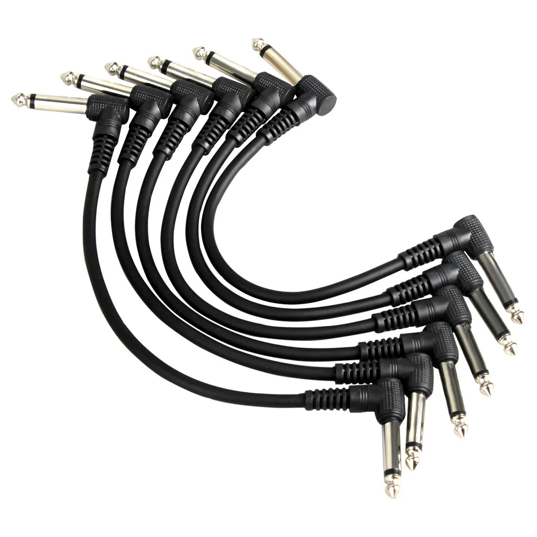 Set of 6 black angled guitar effect pedal cables with metallic connectors low noise shielded for electric guitar use
