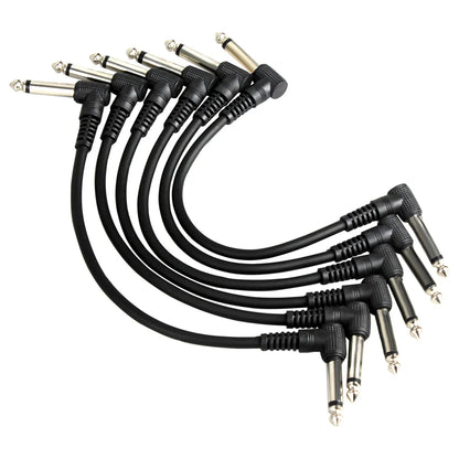 Set of 6 black angled guitar effect pedal cables with metallic connectors low noise shielded for electric guitar use