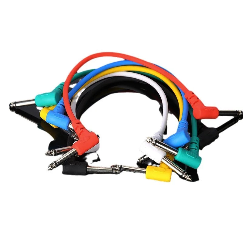 A set of 6 colorful low noise shielded electric guitar effect pedal cables with 1/4 inch right angle metal connectors