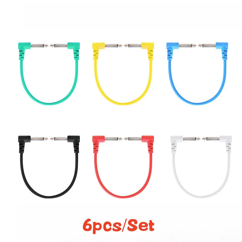 Six colorful low noise shielded electric guitar effect pedal patch cables with 1/4 inch right angle connectors