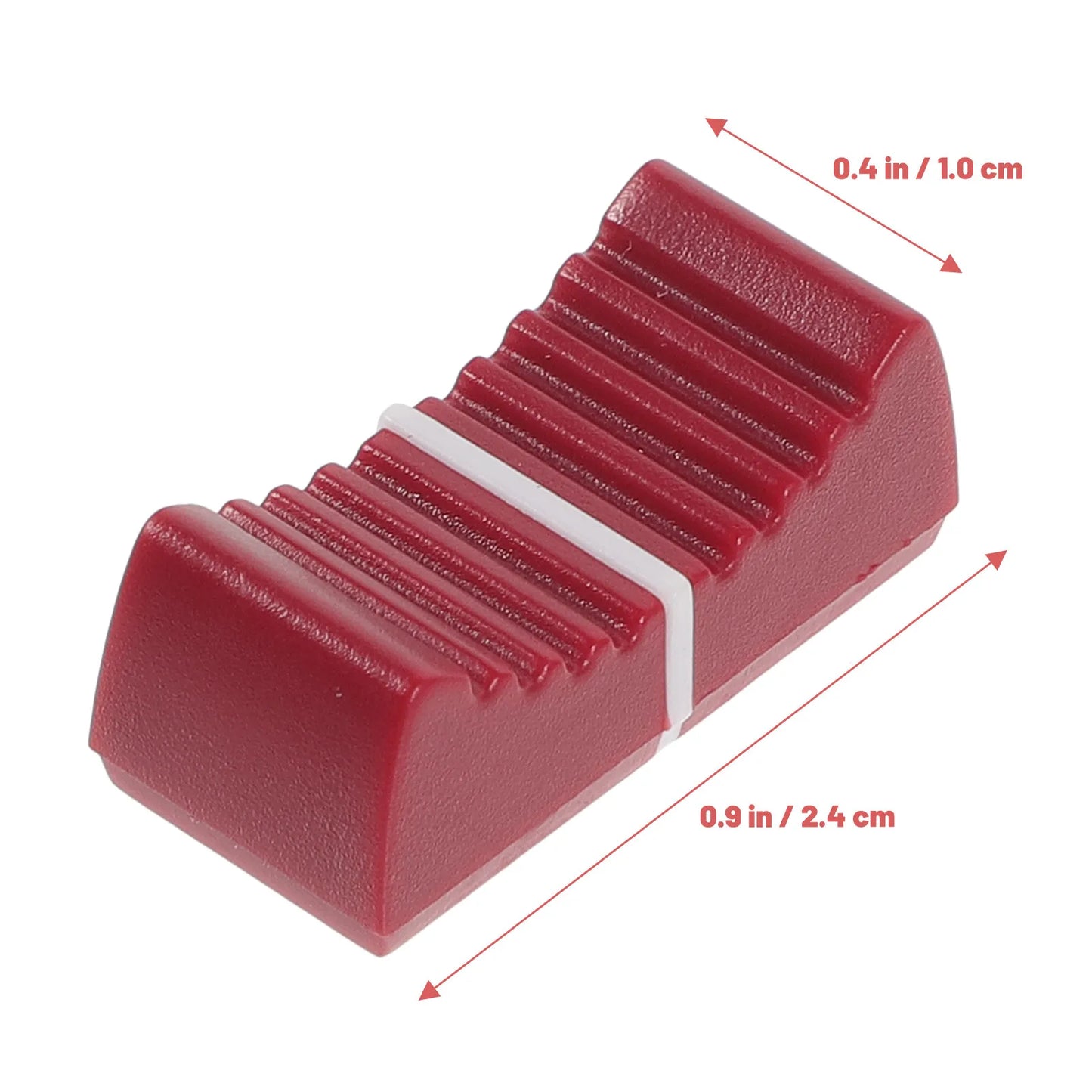 Red plastic straight slide potentiometer knob with white band and ribbed texture for equipment guitar mixer volume brightness adjustment