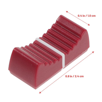 Red plastic straight slide potentiometer knob with white band and ribbed texture for equipment guitar mixer volume brightness adjustment