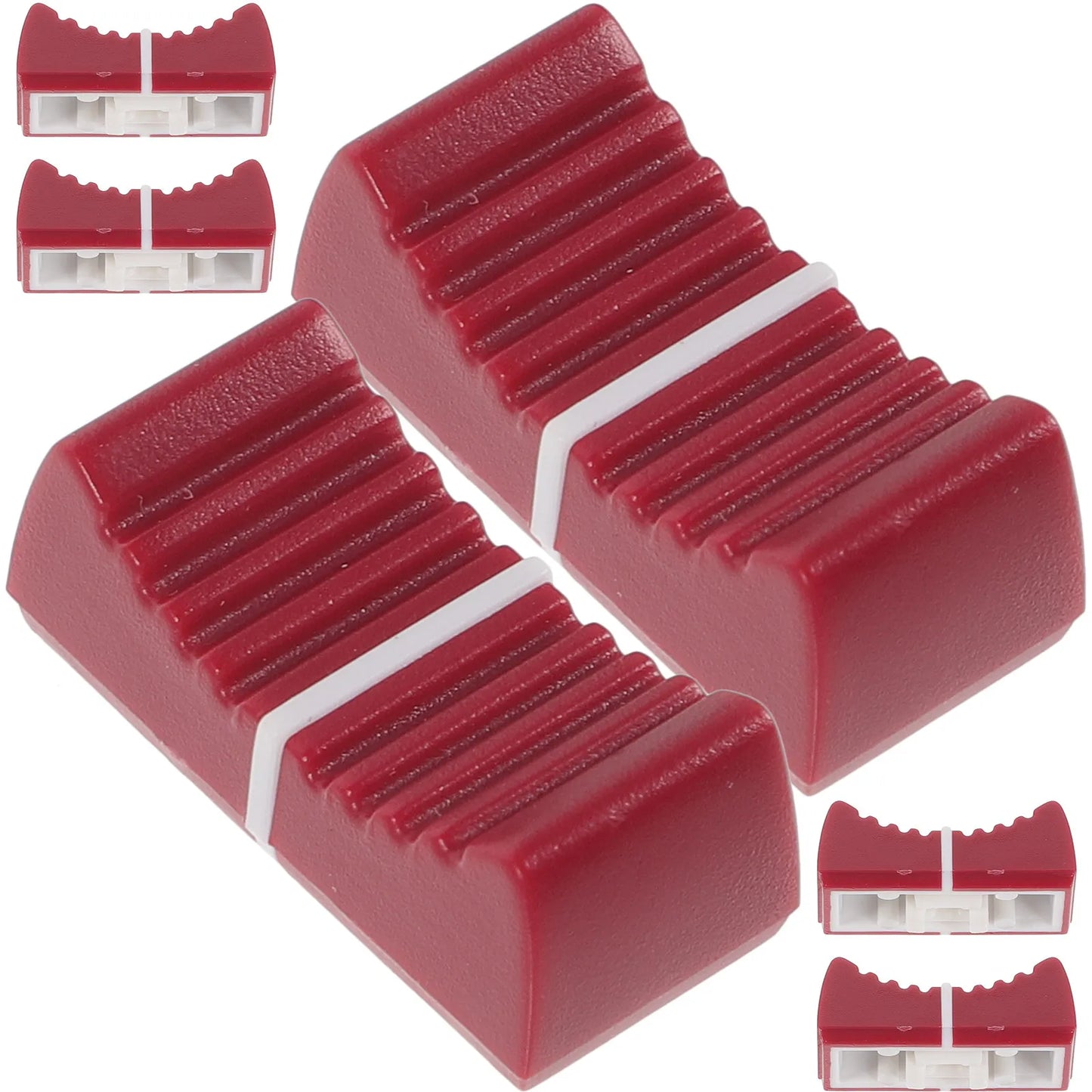 Red plastic fiber optic connector caps with white internal components for slide potentiometer knobs in guitar mixer equipment
