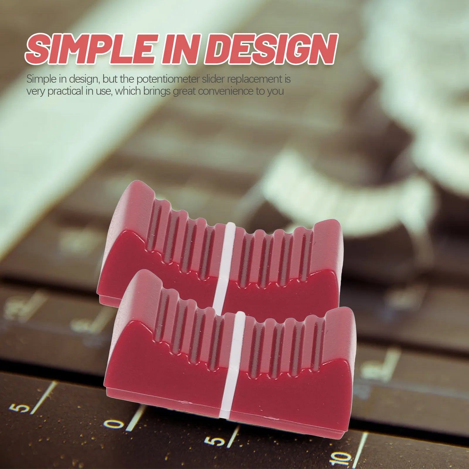 Red plastic slide potentiometer knobs with white stripe for professional equipment guitar mixer volume brightness adjustment