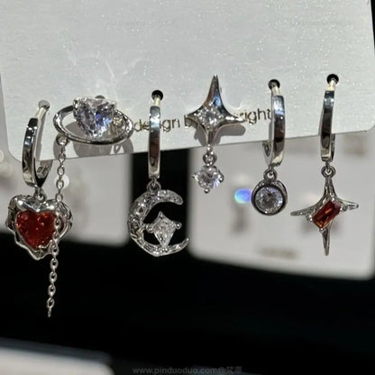 Silver hoop earrings with red heart crescent moon star charms and zircon stones for rock y2k jewelry trend