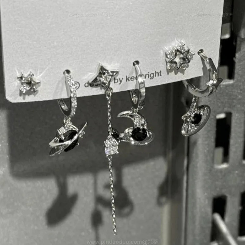 Silver space-themed stud earrings with star cross tassels zircon and black gemstones for rock y2k jewelry look