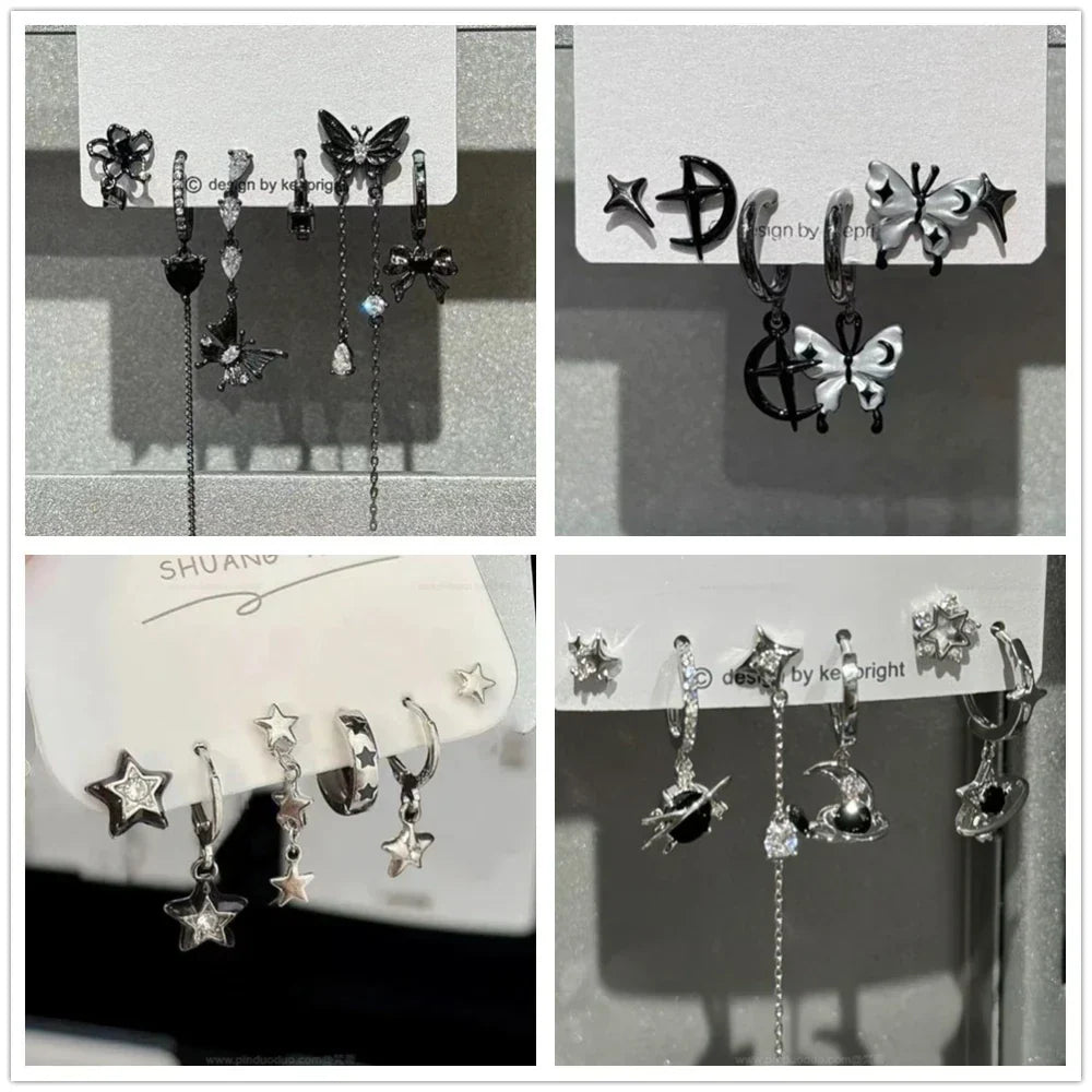 Black and silver celestial-themed hoop earrings with star butterfly and planet charms for rock y2k jewelry gift set